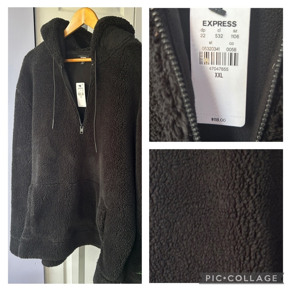 NWT Express Black Sherpa Fuzzy Teddy Bear Hoodie 1/4 Zip XXL MSRP $118